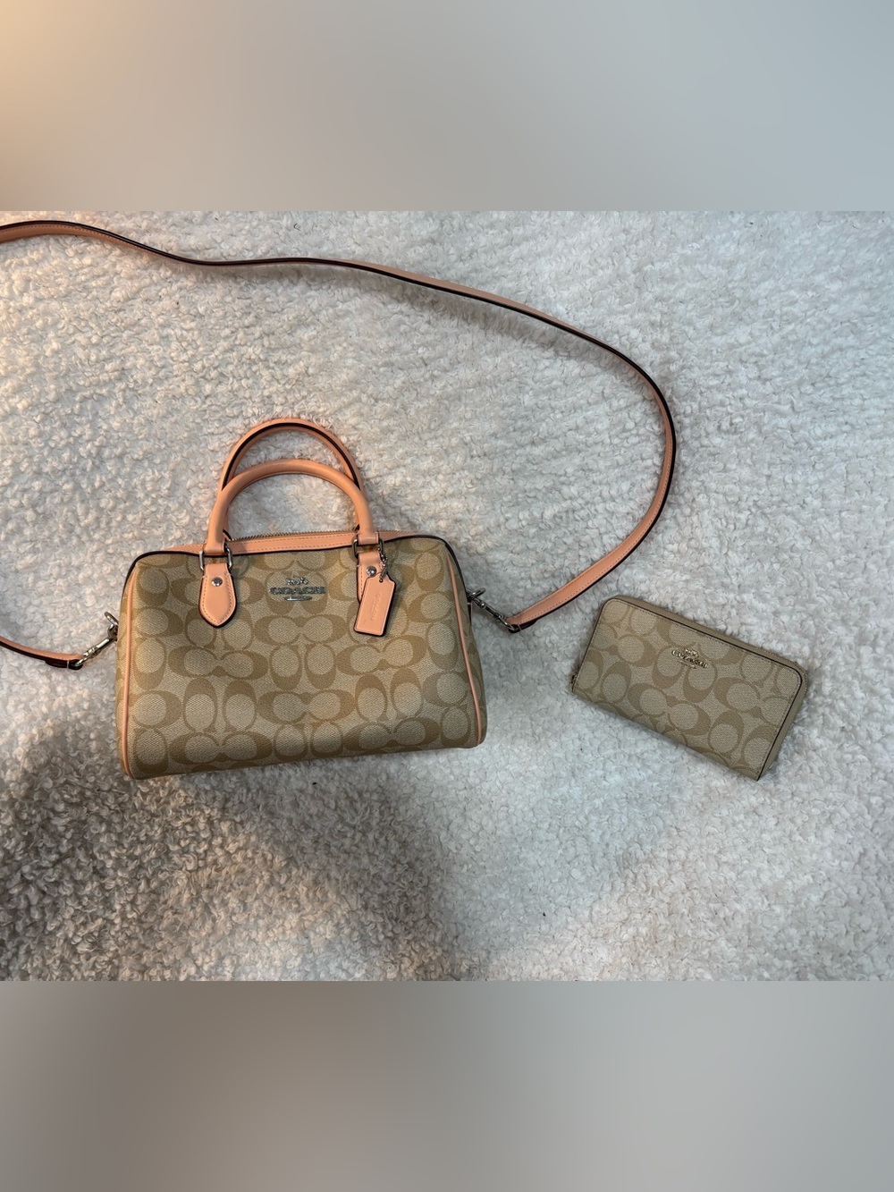 Coach Signature Canvas Satchel with Peach Trim comes with matching wallet
